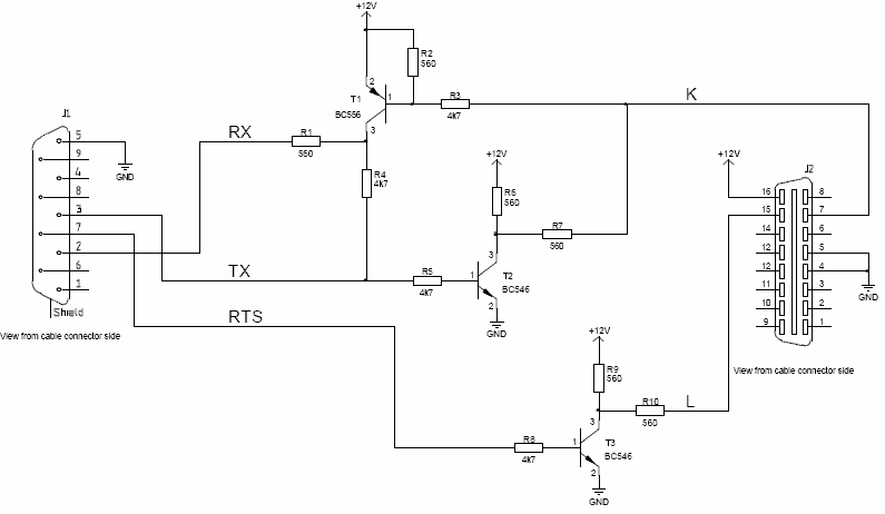 Simple OBD-2 iso9141-2 RS-232 cable schema