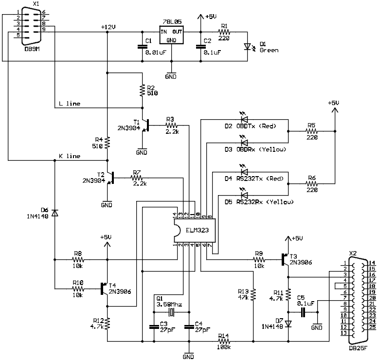 OBD II ISO 14230-4 (ISO-9141-2, KWP2000) to RS-232 interface cable schematic