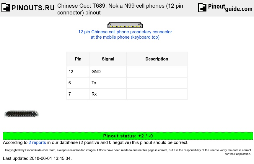 Chinese Cect T689, Nokia N99 cell phones (12 pin connector) diagram