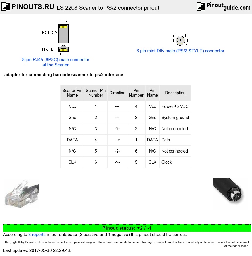 LS 2208 Scaner to PS/2 connector pinout diagram @ pinouts.ru