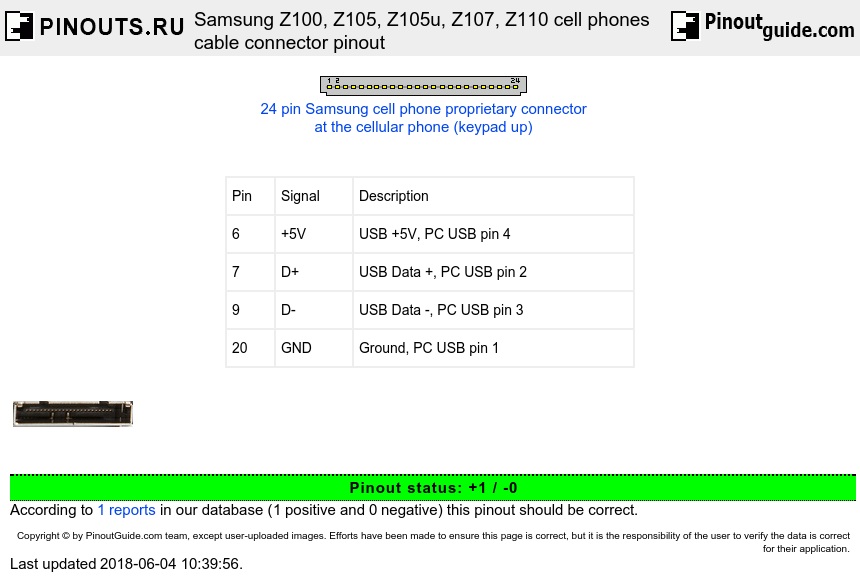 Samsung Z100, Z105, Z105u, Z107, Z110 cell phones cable connector diagram